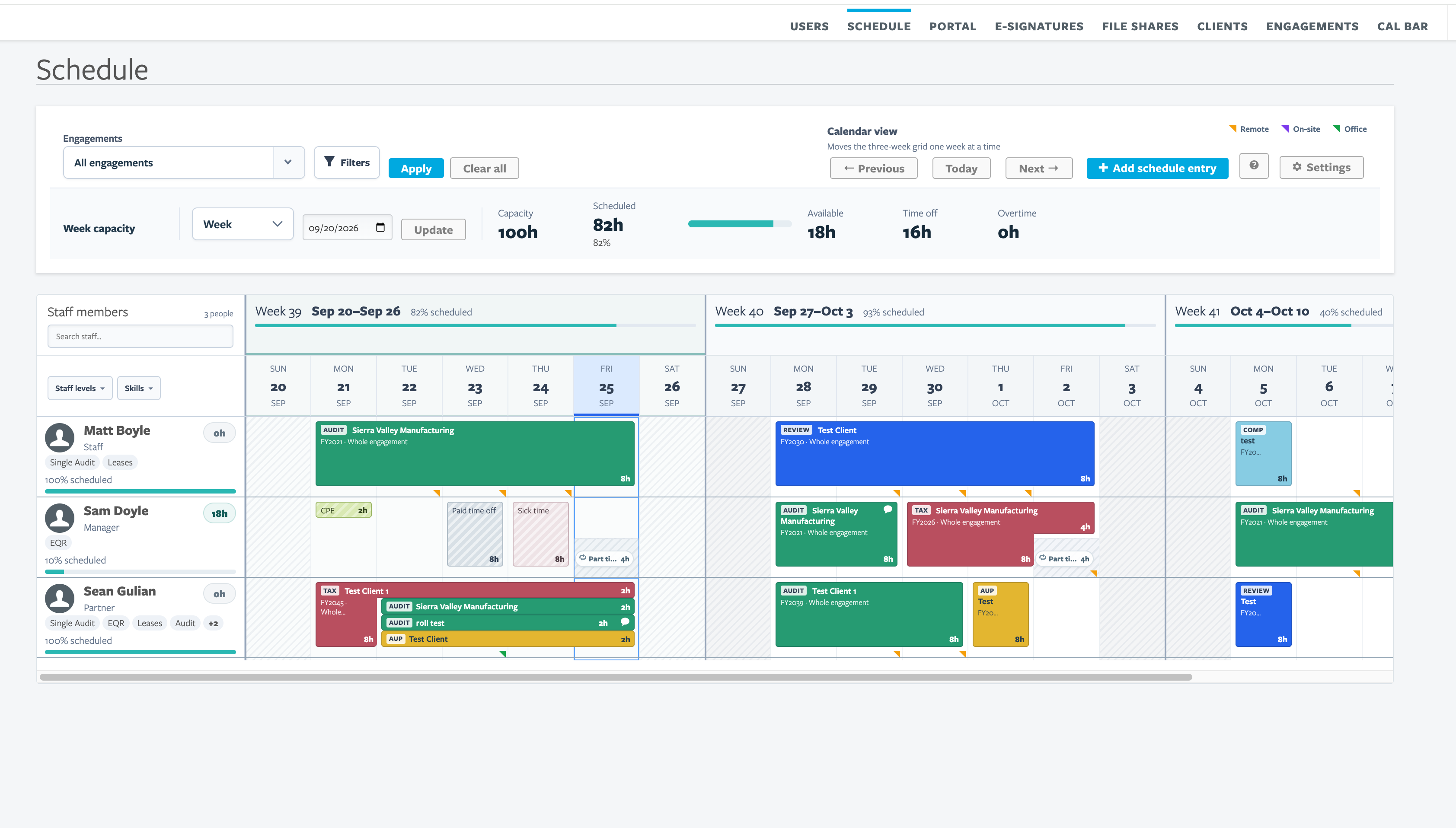 AuditFile scheduling calendar showing staff assignments, time off, and available hours